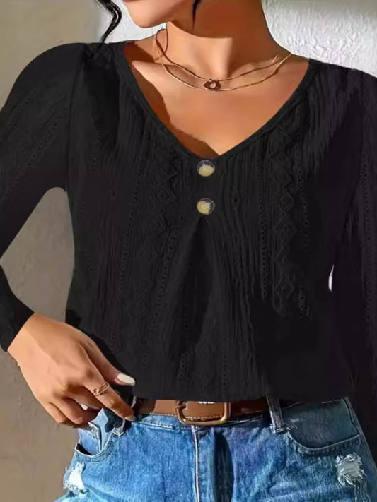 Sarah Express Women's Textured V-Neck Long Sleeve T-Shirt - Decorative Button Detail