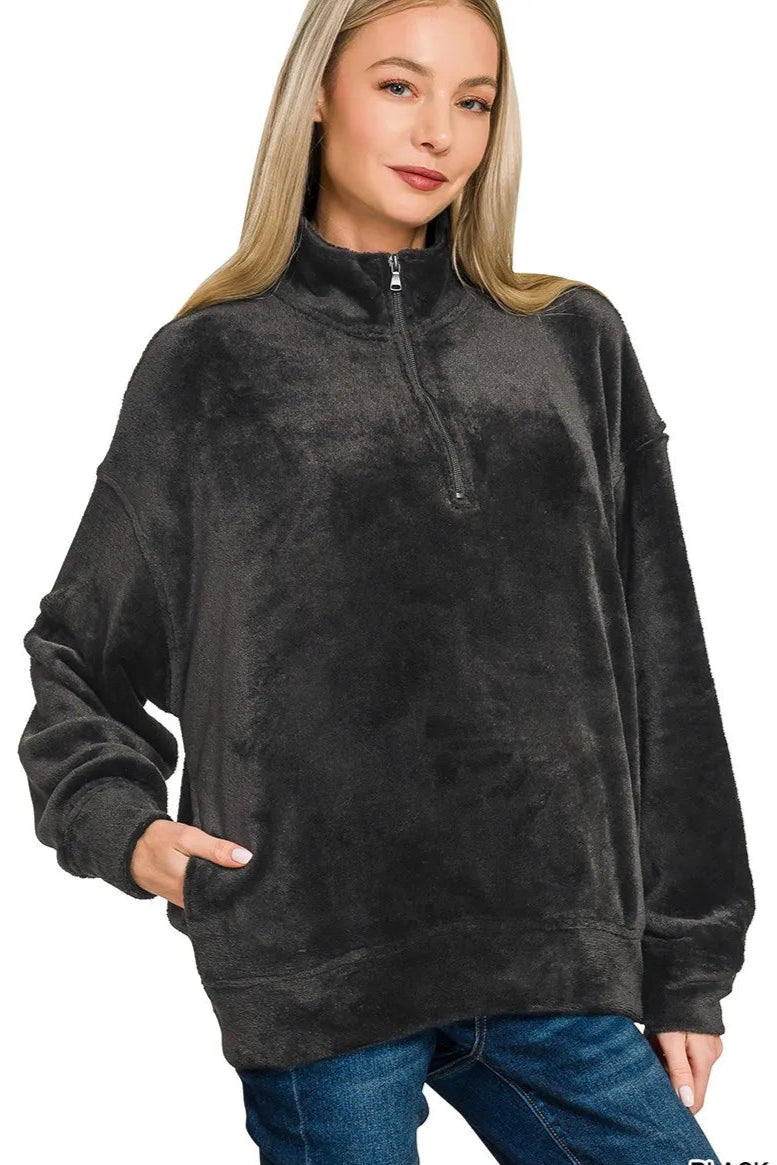 Sarah Express Women's Faux Fur Half Zip Pullover - Oversized Pocketed for Fall & Winter