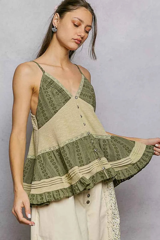 Sarah Express Women's Button Front V-Neck Ruffled Cami with Pintuck Accents