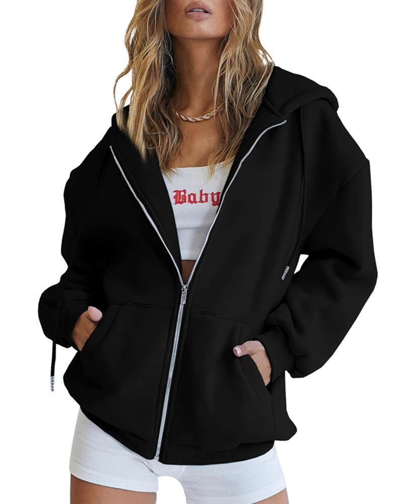 Sarah Express Women's Zip Up Hoodie Solid Color Drawstring Sweatshirt Casual Long Sleeve Fall Winter Top