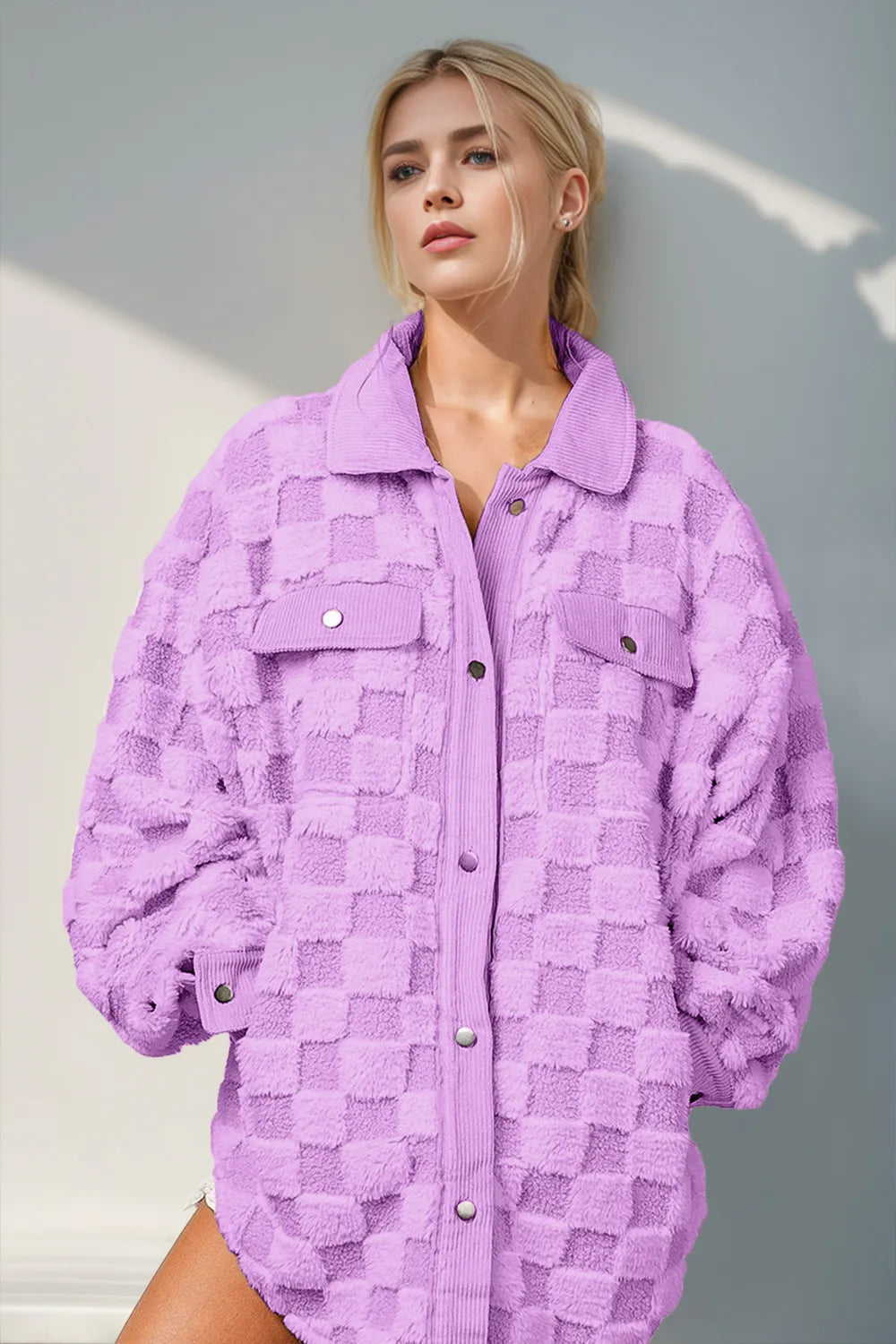 Sarah Express Women's Fuzzy Checkered Button-Up Shacket Pocketed Fall Winter Casual Layering Jacket