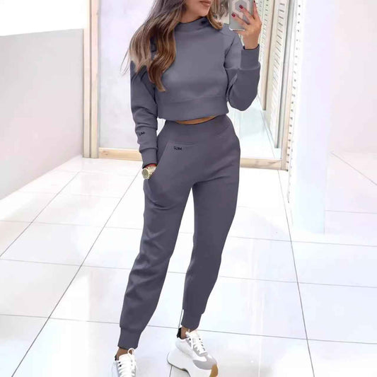 Sarah Express Women's Stand Collar Sports Suit Set - Pullover Top & Slim Trousers with Pockets Solid Color Tracksuit