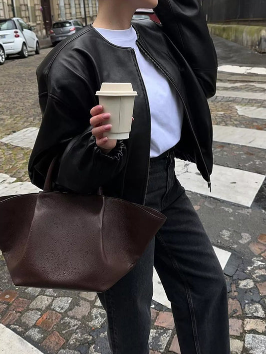 Sarah Express Women's Zip Up Leather Bomber Jacket