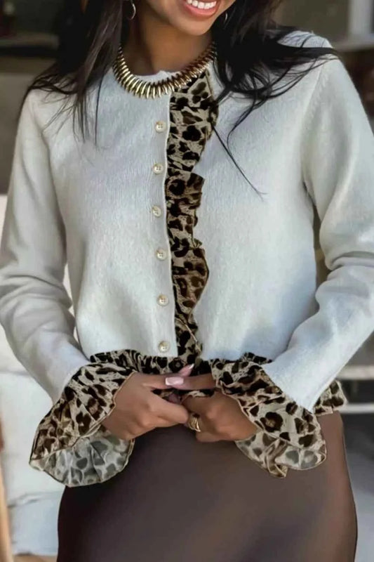Sarah Express Women's Leopard Trim Ruffle Cardigan - Button Front Knit Sweater