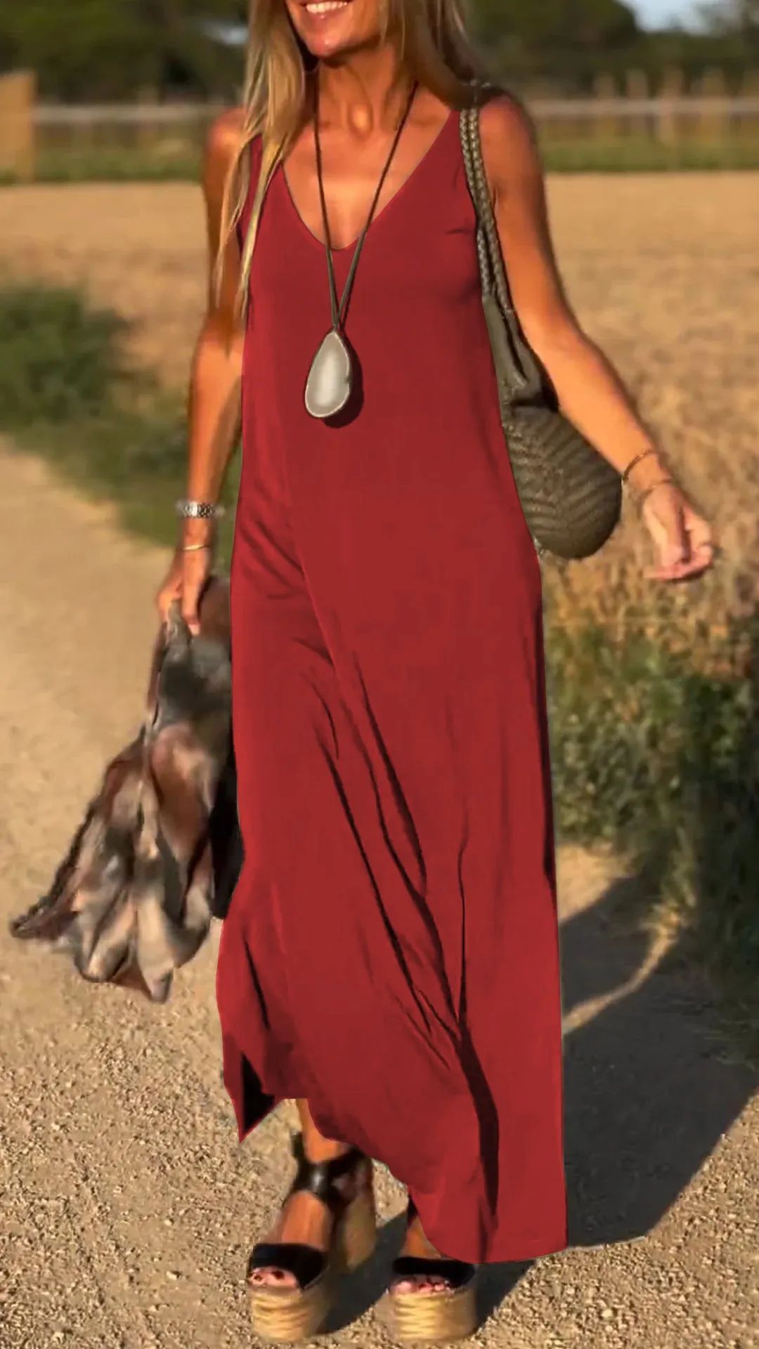 Sarah Express Women's V-Neck Cami Strap Maxi Dress Sleeveless Wide Waist Long Casual Summer Dress