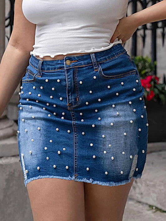 Sarah Express Women's Plus Size Pearl Embellished Denim Skirt