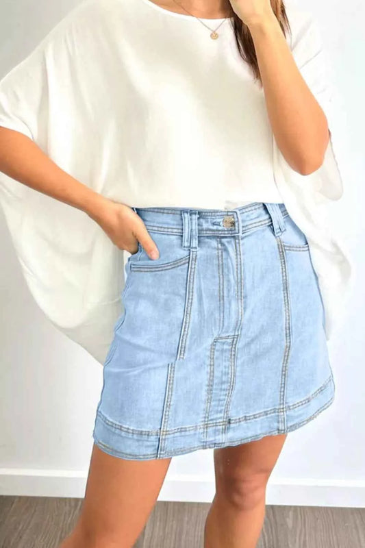 Sarah Express Women's A-Line Denim Mini Skirt with Pockets - Exposed Seam Detail