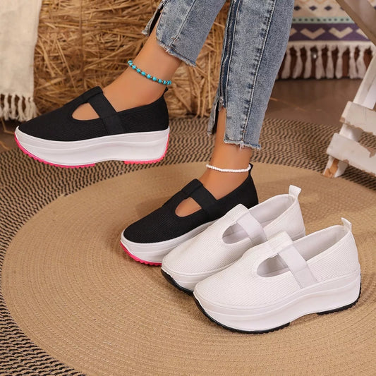 Sarah Express Women's Canvas Platform Slip-On Sneakers - Casual Round Toe Flats