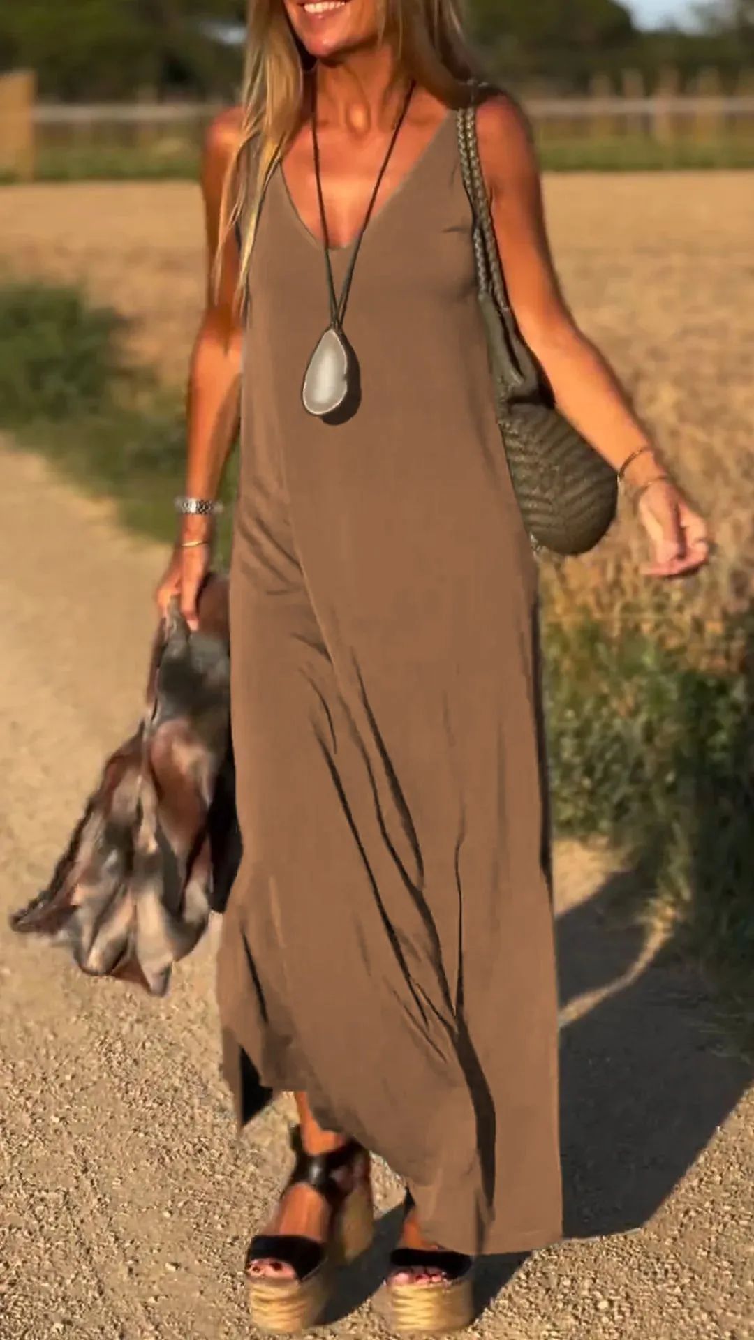 Sarah Express Women's V-Neck Cami Strap Maxi Dress Sleeveless Wide Waist Long Casual Summer Dress