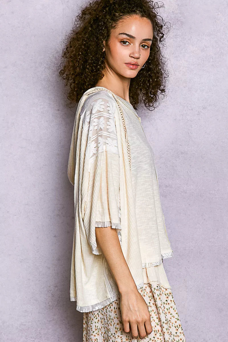 Sarah Express Women's Short Sleeve Hoodie Top with Lace Detail