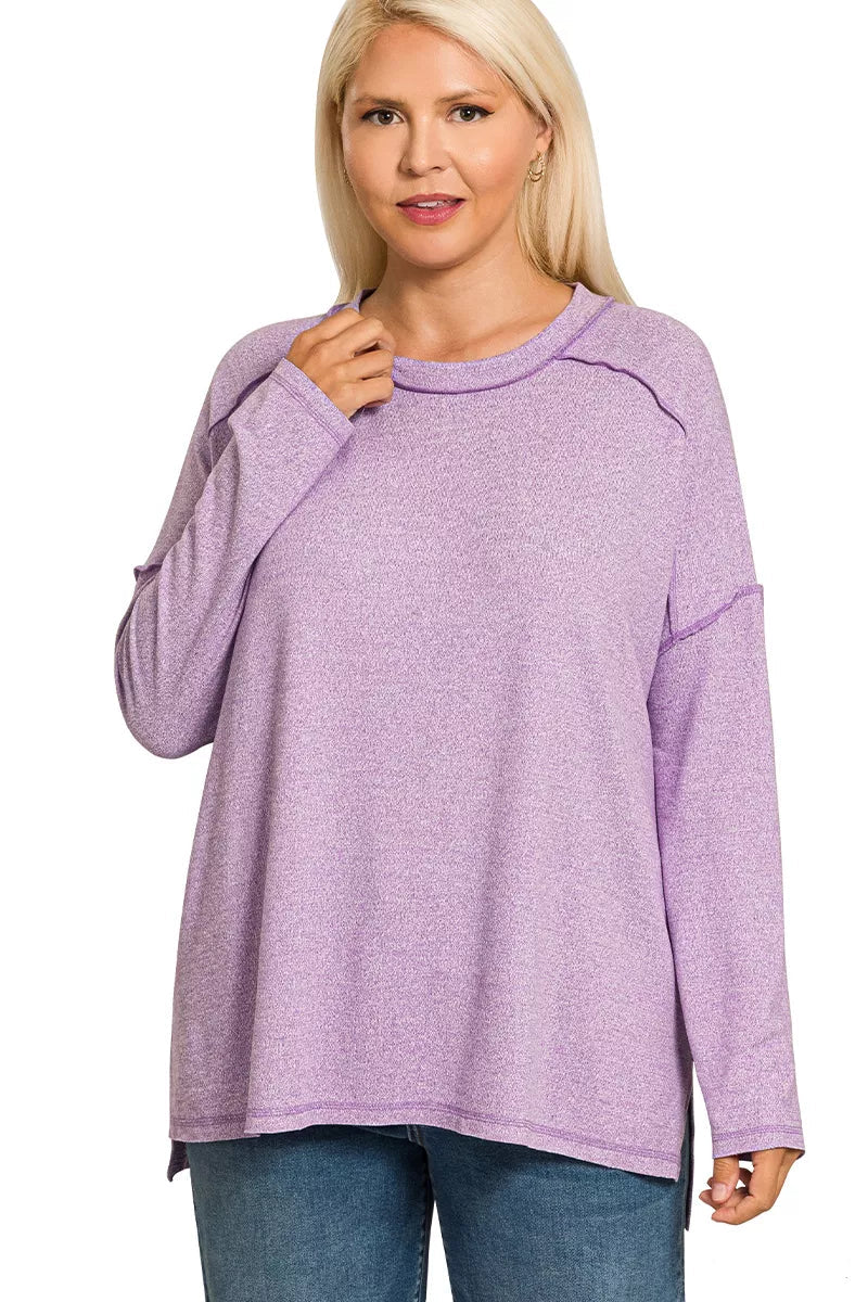 Sarah Express Women’s Plus Size Melange Hacci Tee with Exposed Seam Hi-Low Hem