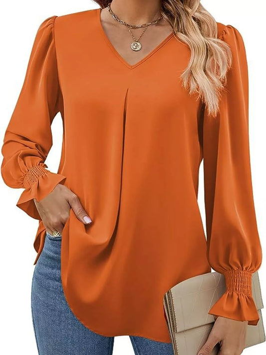 Sarah Express Women's V-Neck Long Sleeve Ruffle Cuff Blouse