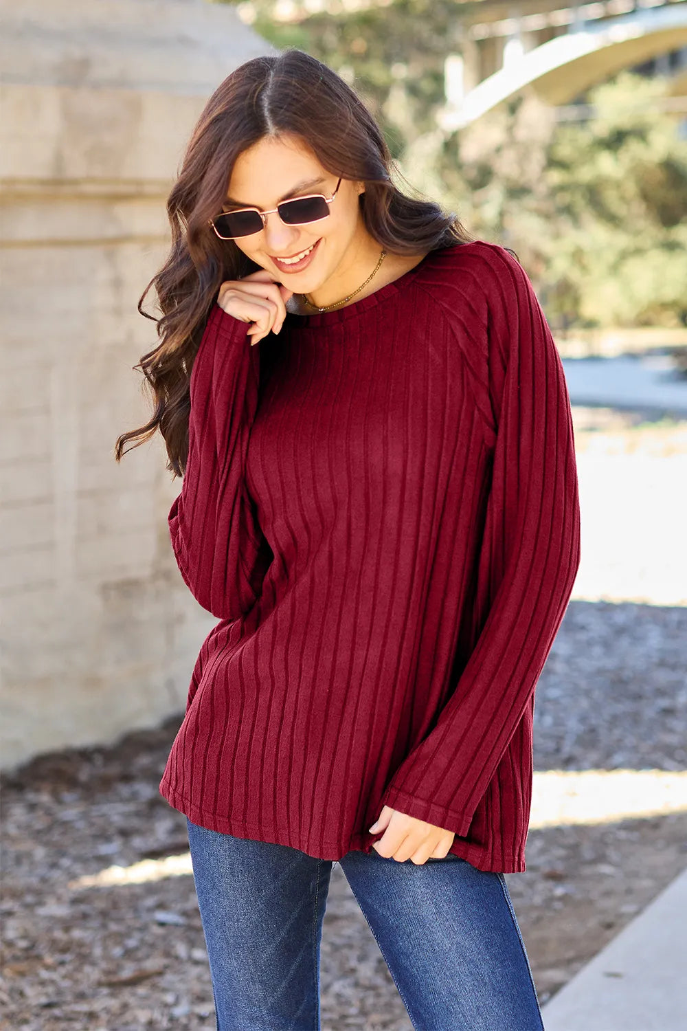 Sarah Express Women's Ribbed Round Neck Long Sleeve Knit Top - Basic Style, Casual & Work