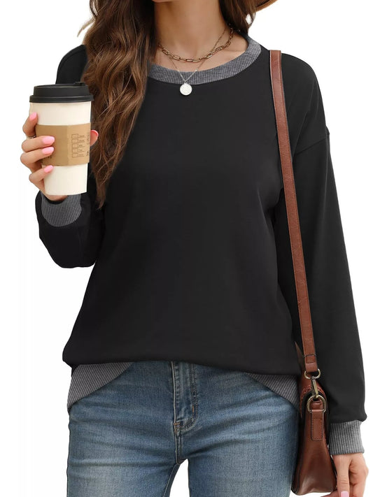 Sarah Express Women's Contrast Trim Crew Neck Casual Sweatshirt