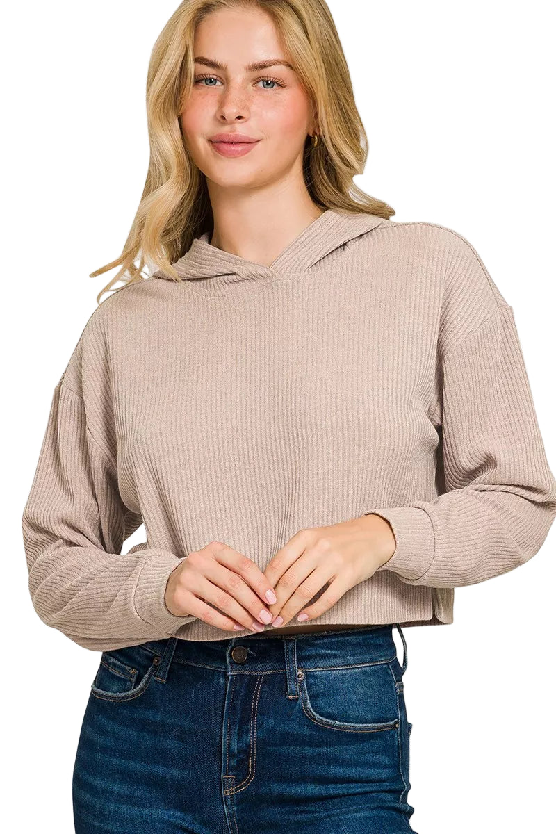 Drop Shoulder Ribbed Crop Hoodie