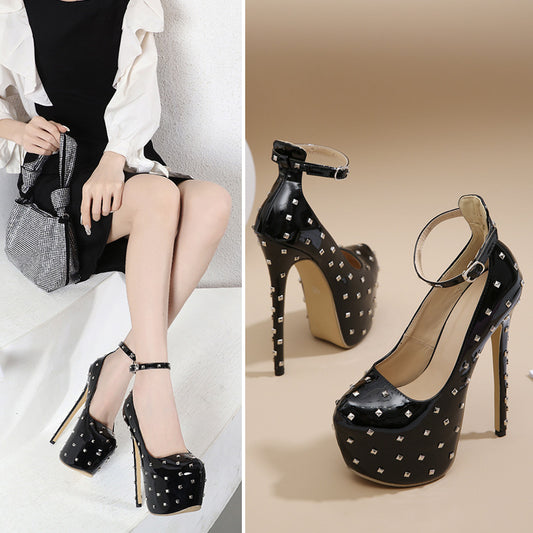 Sarah Express Black Studded Stiletto Pumps - Women's Super High Heel Pointed Toe Dress Shoes