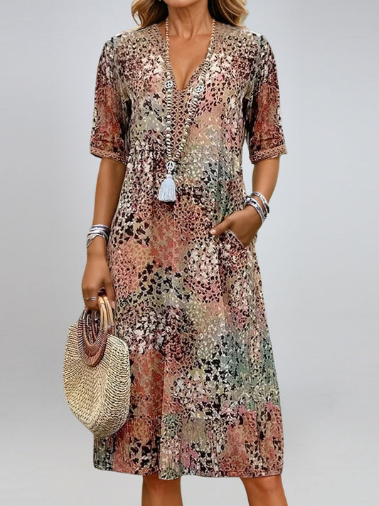 Sarah Express Women's Ethnic Print V-Neck Dress with Pockets - Summer Beach Holiday Dress Leopard Khaki