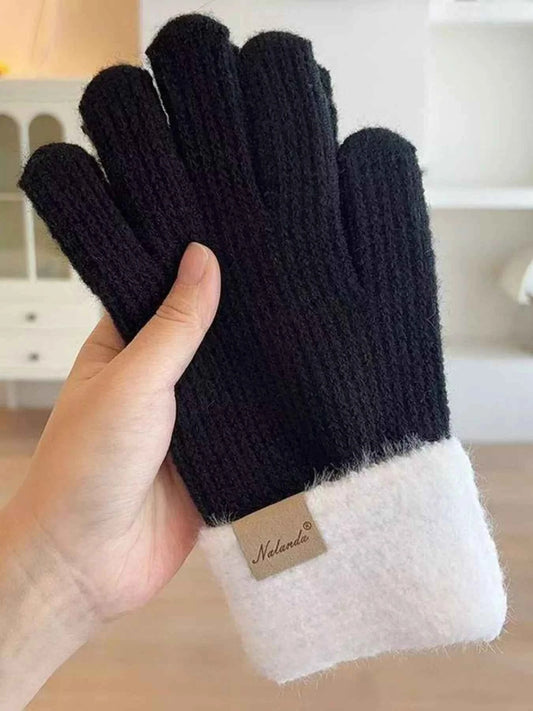Sarah Express Women's Knitted Warm Winter Gloves with Plush Cuff Black One Size