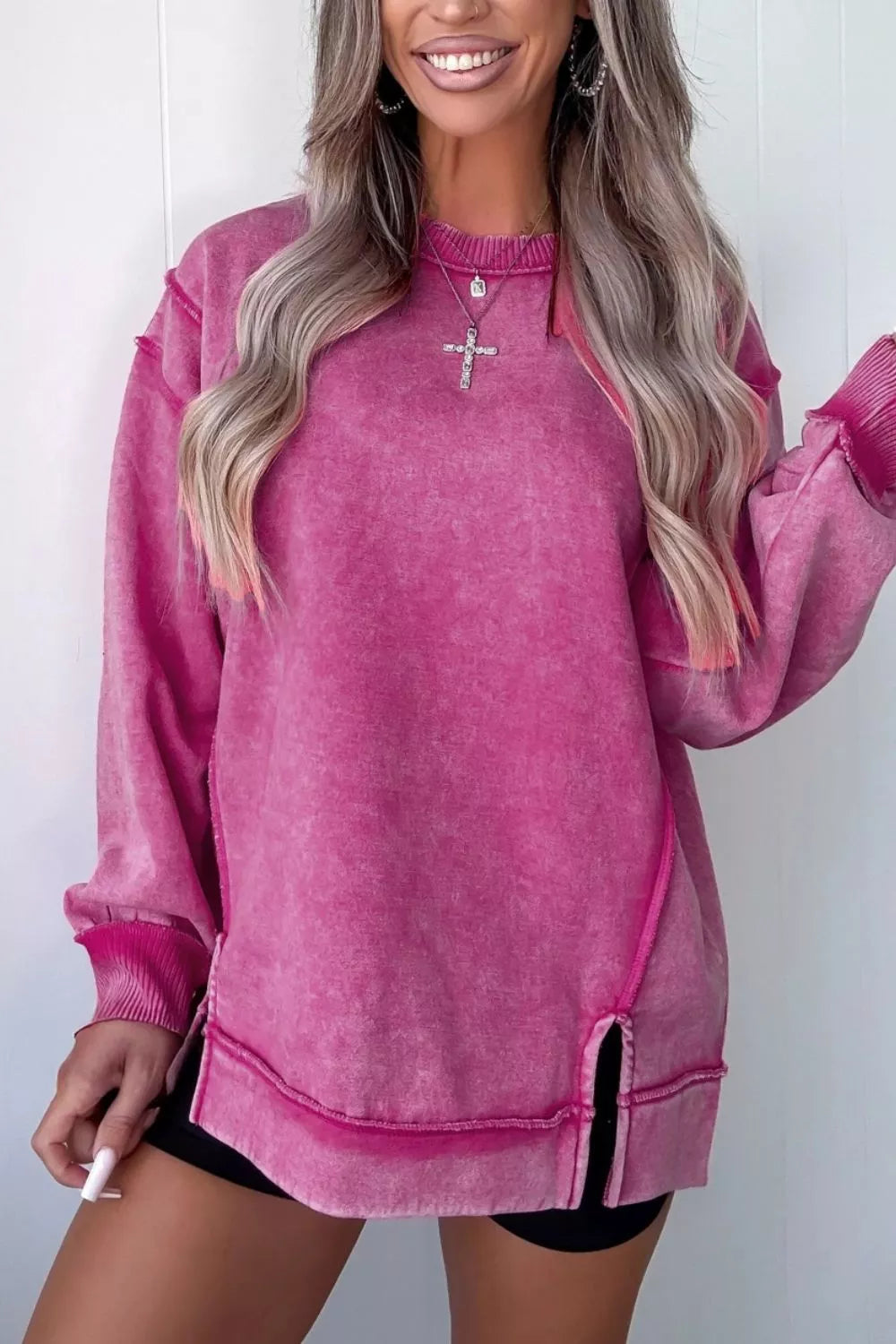 Sarah Express Women's Mineral Wash Exposed Seam Side Slit Sweatshirt