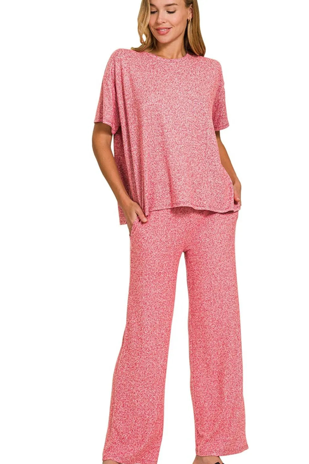 Sarah Express women’s soft pink melange lounge set with an oversized tee and wide-leg palazzo pants.