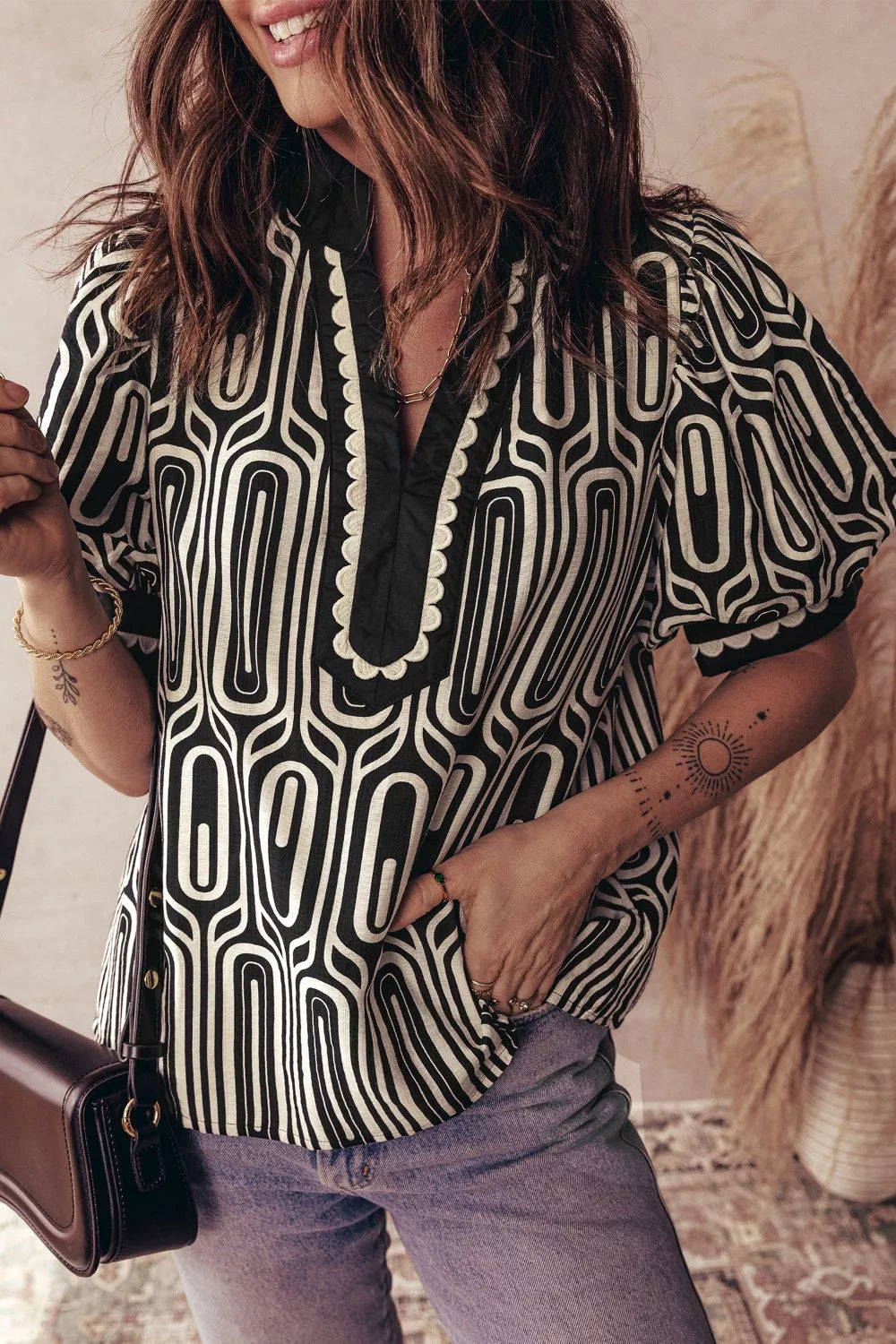 Sarah Express Women's Geometric Print Color Block Blouse - Short Sleeve Scallop Patchwork Top