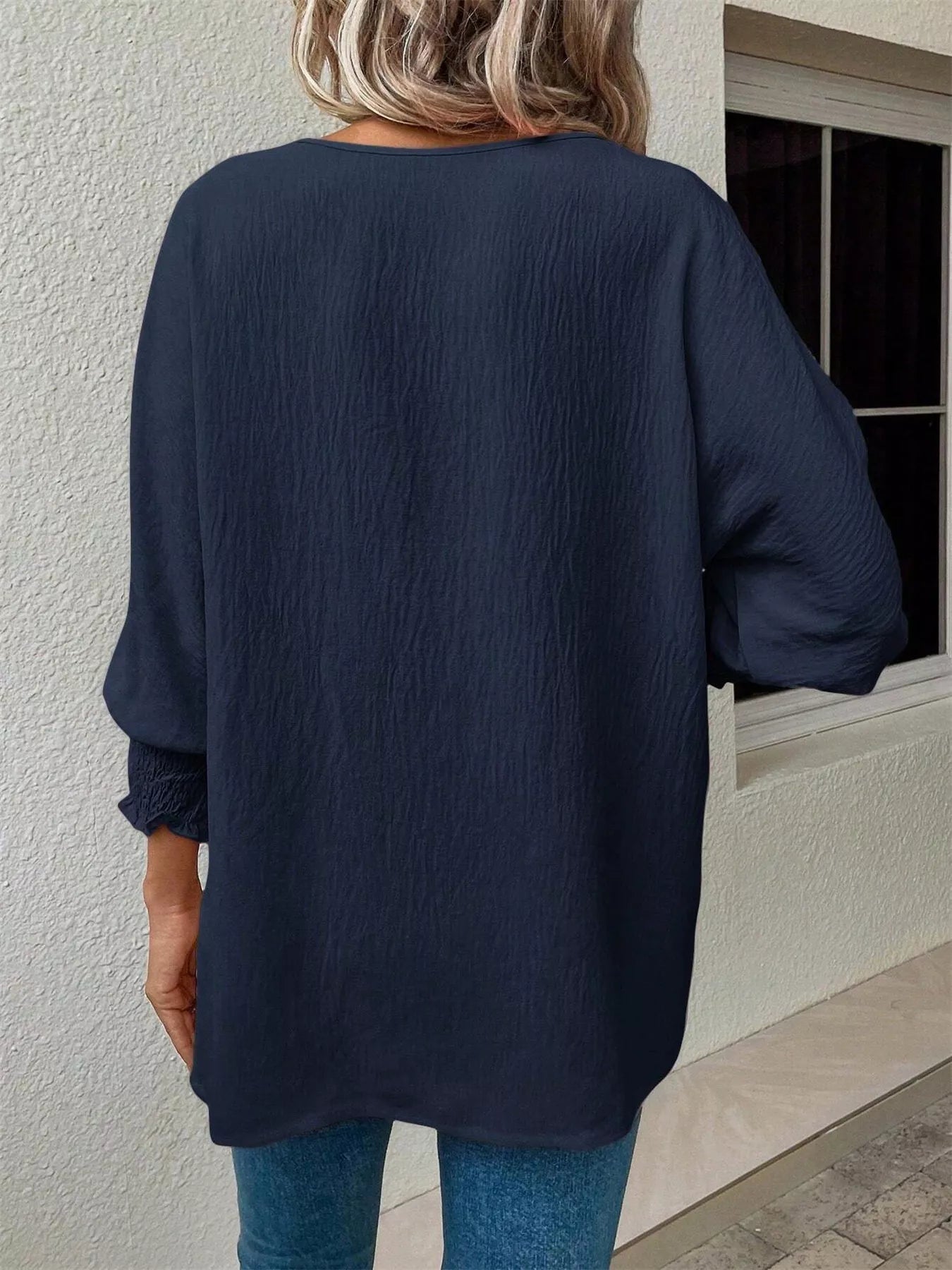 Sarah Express Women's Textured Smocked Cuff Blouse - Long Sleeve Elegant Top