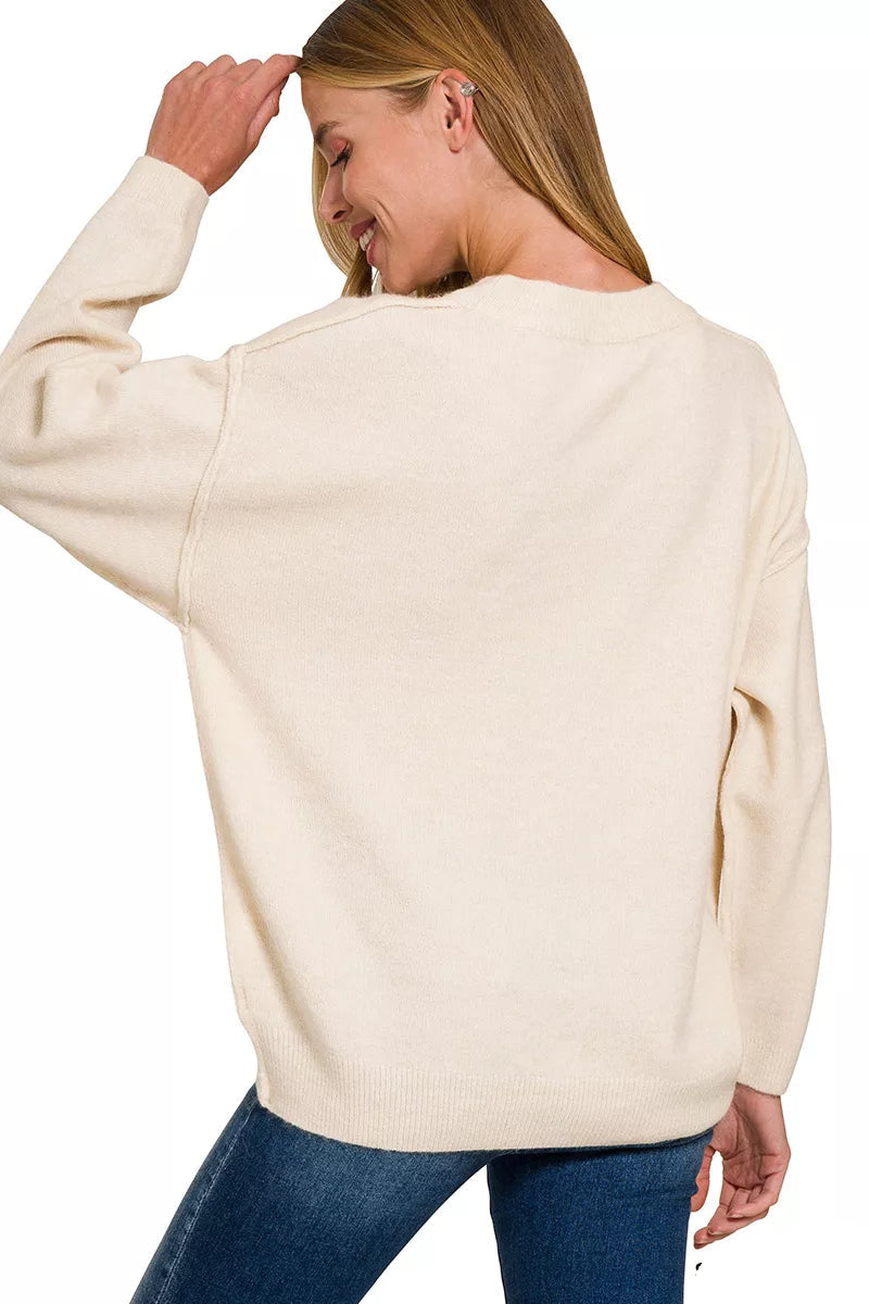 Melange Front Seam Round-Neck Sweater