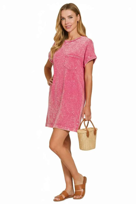 Sarah Express Women's Premium Cotton Washed T-Shirt Dress with Pockets