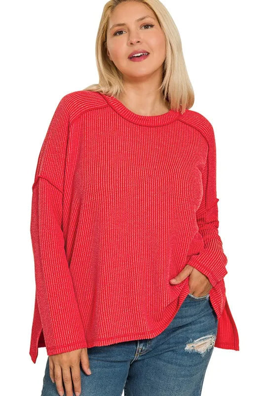 Sarah Express Women’s Plus Size Exposed Seam Corded Rib Knit Top