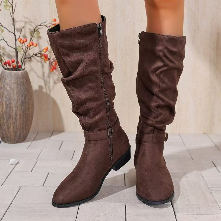 Sarah Express Belt Buckle High Shaft Suede Long Boots Dark Brown