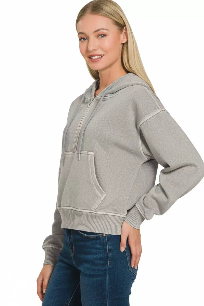 Sarah Express Women's Fleece Pigment Dye Half Zip Kangaroo Pocket Hoodie