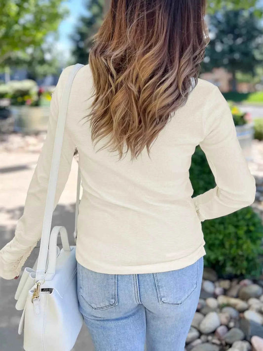 Sarah Express Women's Thermal Knit Lace Ruched V-Neck Top - Long Sleeve Patchwork Blouse