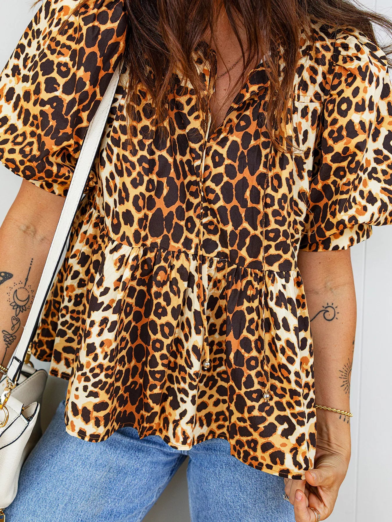 Sarah Express Women's Leopard Print Puff Sleeve Babydoll Blouse