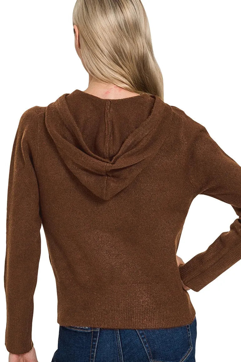 Drawstring Zip Up Hooded Cardigan