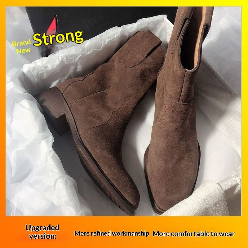 Sarah Express Women's Chunky Heel Ankle Boots – Slip-On Mid-Calf Block Heel Boots Brown