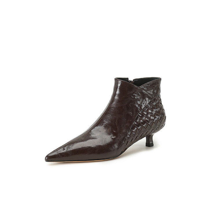 Sarah Express Women's Woven Full-Grain Sheepskin Ankle Boots | Pointed Toe Side Zipper Low Heel Brown Fleece lined