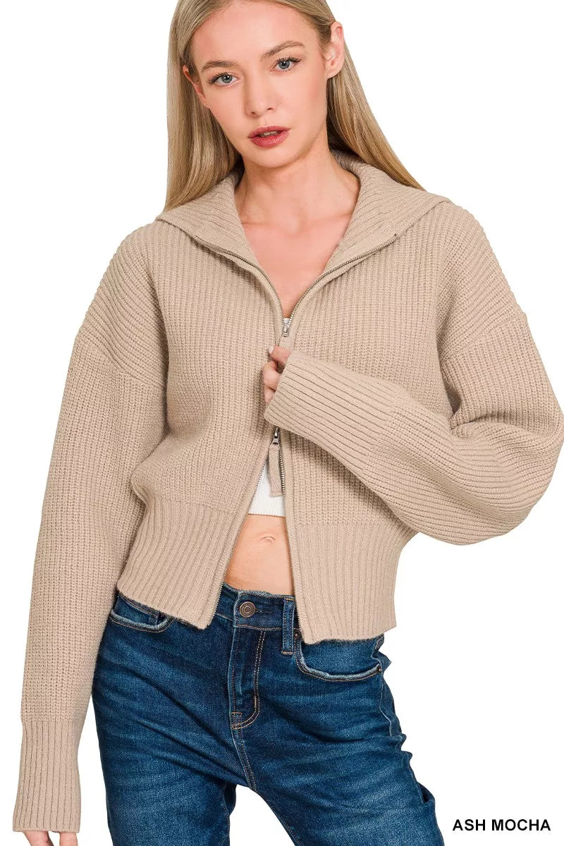 Women's Ash Mocha ribbed collared zip up sweater cardigan front view