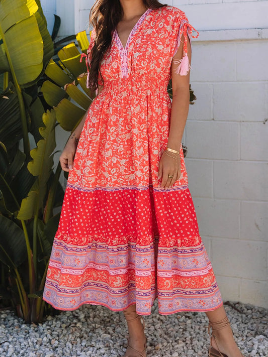 Sarah Express Women's Floral Print Empire Waist Dress with Tasseled Tied Sleeves