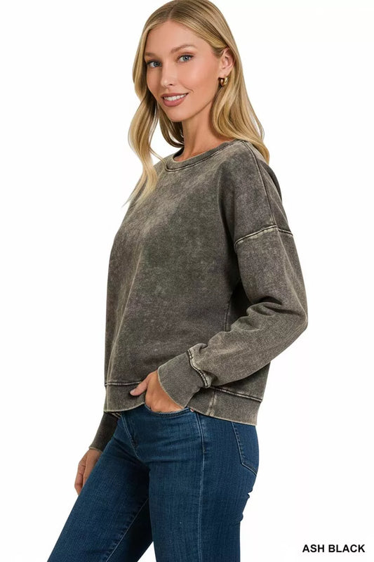 Sarah Express Women's French Terry Acid Wash Boat Neck Sweatshirt