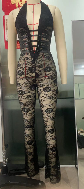 Sarah Express Women's Lace-Up Sheer Jumpsuit - Slim Fit Long Pants Bodysuit for Party Evening - Black White