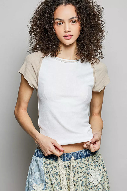 Sarah Express Women's Round Neck Contrast Sleeve T-Shirt - Ribbed Fitted Top