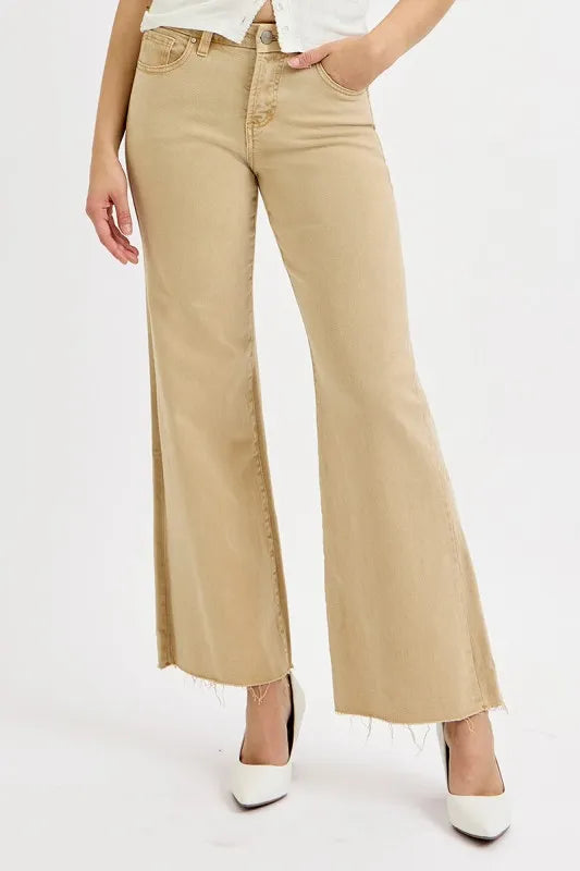 Sarah Express Women’s Plus Size Khaki Cropped Wide Leg Jeans with Raw Hem