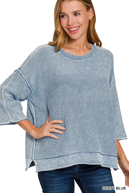 Sarah Express Women's Washed 3/4 Sleeve Boxy Sweater - Relaxed Fit Casual Top