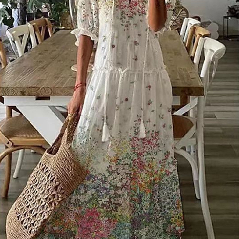 Sarah Express Women's Floral Print V-Neck Maxi Dress Short Sleeve A-Line Pullover