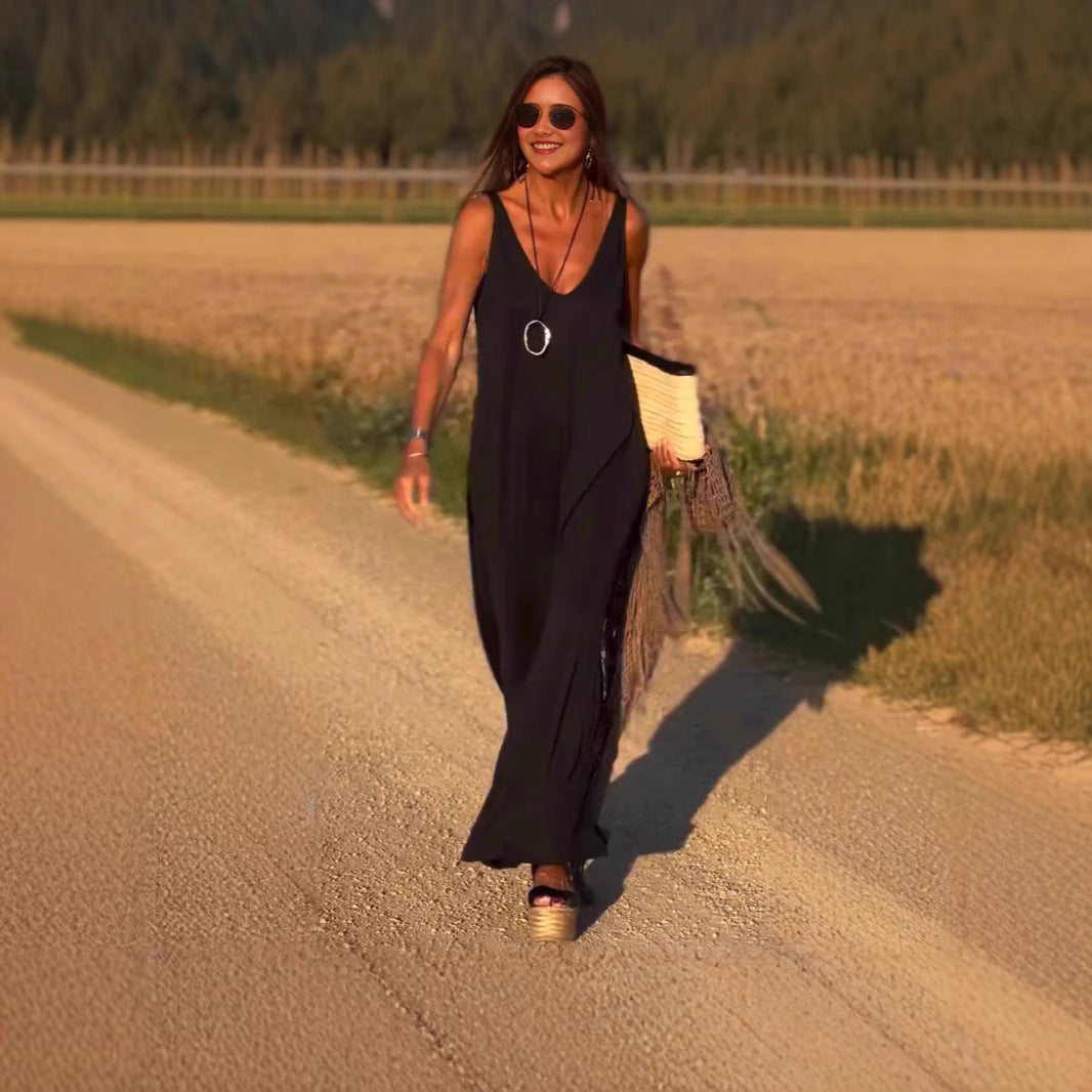 Sarah Express Women's V-Neck Cami Strap Maxi Dress Sleeveless Wide Waist Long Casual Summer Dress