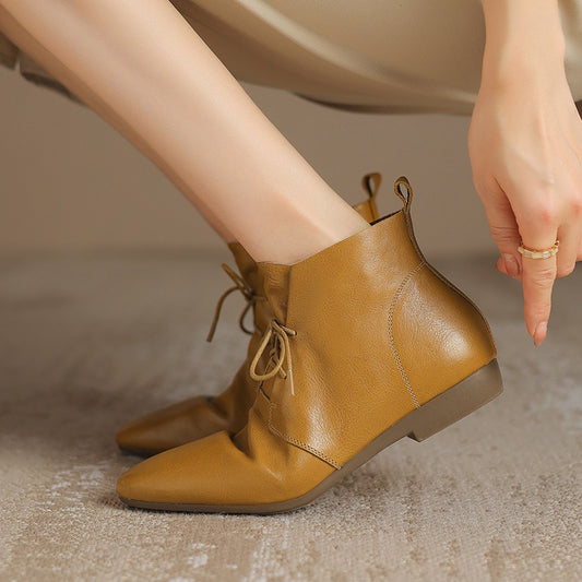 Sarah Express Women's Vintage Round Toe Ankle Boots - Genuine Leather Slip-On Chunky Heel Winter Boots