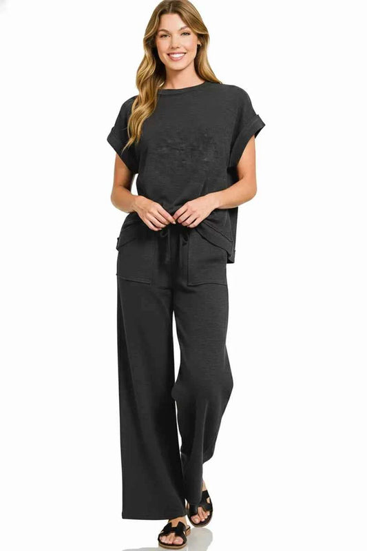 Sarah Express Women's Cotton Slub Short Sleeve Tee and Pants Lounge Set