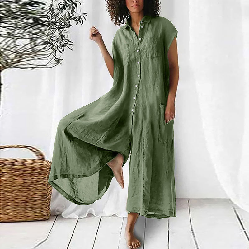 Sarah Express Short Sleeve Mid-Length Linen Jumpsuit Casual
