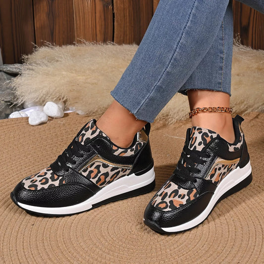 Sarah Express Women's Leopard Print Lace-Up Sneakers - Casual Flat Walking Shoes