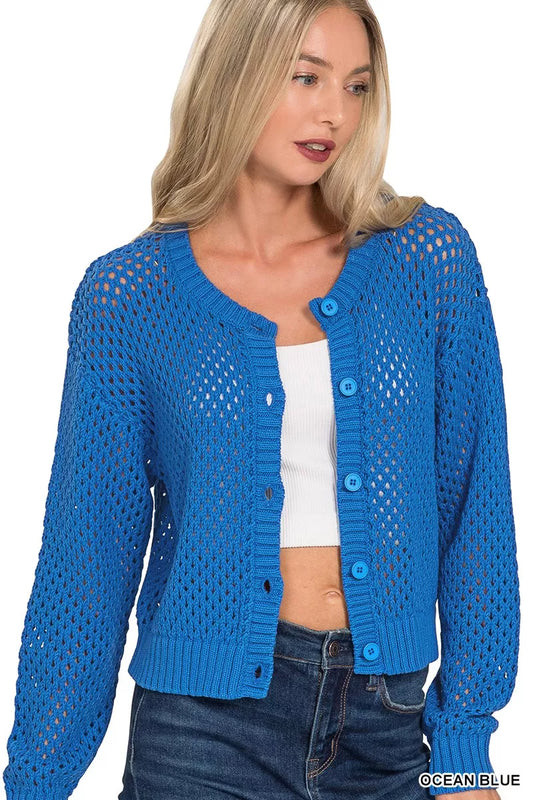 Sarah Express Women's Button Down Lightweight Crochet Cardigan Sweater
